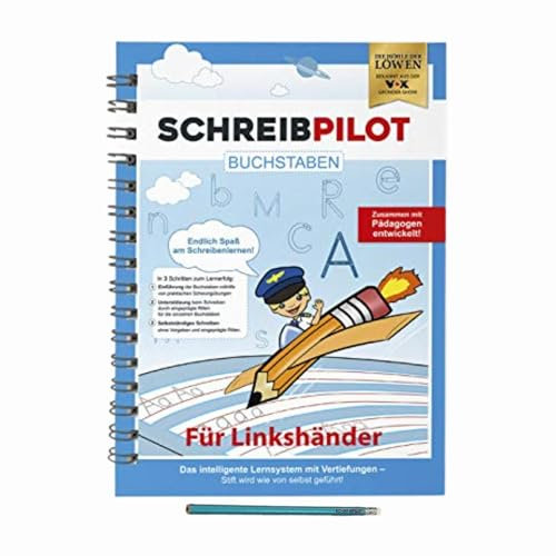 SCHREIBPILOT Schreiblernheft für ABC-Schützen mit vorgeprägten Buchstaben speziell für Linkshänder entwickelt | Lernsystem entwickelt von Lehrern, Professoren und Schülern