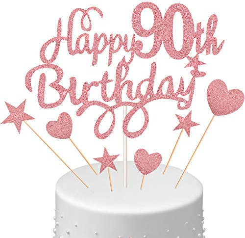 Boao 8 Pcs 90th Birthday Cake Toppers Sets Include 2 Happy 90th Topper with 6 Star and Heart Decor, Glitter Cake Decorations for Ladies Women Mum Birthday Party