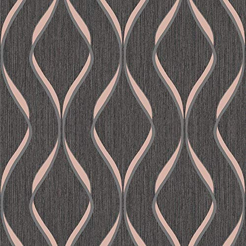 Muriva Wallpaper 154114 Indra Wave Charcoal & Rose Gold Full Roll