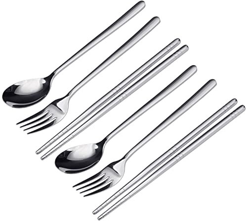 FOXAS 6-Pieces Flatware Set, Stainless Steel Cutlery Set of Fork Spoon Chopsticks, 2 Pair Korean Table Forks Soup Spoons Chopsticks for Restaurant, Home, Travel