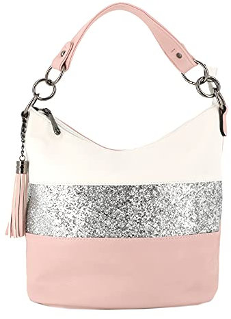 Gallantry - Sac à Main Bandoulière Femme Paillettes - Sac Seau Porté Epaule Multicolore Rayures - Besace Bandes Anse Large Soirée Mariage - PU Cuir Souple - Chic Tendance - Rose