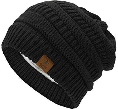 Durio Mütze Kinder Wintermütze Fleece Innenfutter Warm Strickmütze Jungen Mädchen Kindermütze Schwarz