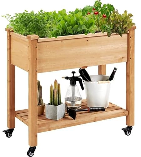 Yaheetech Fioriera/Aiuola Rialzata Orto da Balcone Letto Rialzato da Giardino Esterno per Piante in Legno Abete Naturale con Ruote Ripiano 87 x 47 x 83,5 cm