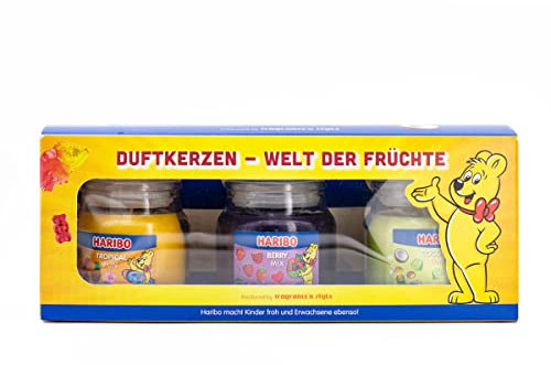 Haribo Duftkerzen Geschenkset | Frucht Power | 3x Duftkerzen Fruchtig | Geschenke für Frauen | Kerzenset für Zuhause | 3x85g Duftkerzen im Glas