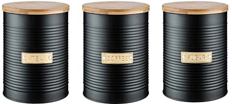 Monal Set of 3 Round Containers Perfect for Storing Living Airtight Tea Coffee and Sugar Kitchen Storage Caddy Canister Jars with Bamboo Lid Silver Badge Detail, 1 Litre (Otto Black)