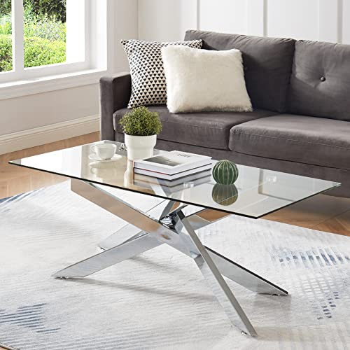 Rectángulo moderno mesa de café, tapa de vidrio templado y pierna tubular de metal, 47.3 Lx23.6 Wx18.1 H, plata