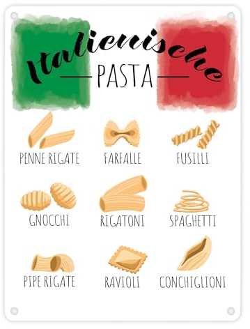 Italienische Pasta Metallschild in 15x20 cm in weiß Verschiedene Nudelarten Blechschild mit Italienflagge kenn deine Nudeln schlichte Dekoration für die Küche italienisch