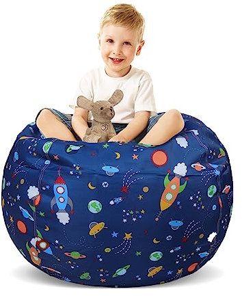 Rocket Large Bean Bag Chair for Kids-Cover Only-Stuffed Animal Storage Bean Bag for Children Boys Indoor Outdoor No Filling, Blue