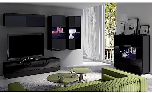 Lomadox Wohnwand Anbauwand schwarz Hochglanz 5-teilig Modern, mit 1 TV-Lowboard, 1 Hängeschrank, 2 Hängevitrinen mit Beleuchtung, 1 Highboard