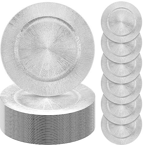 Tanlade 50 Pcs Charger Plates Bulk, 13 Inch Round Charger Plates Plastic Wedding Dinner Elegant Reusable Chargers Plates for Table Setting Wedding Party Event Tabletop Setting Decor (Silver)