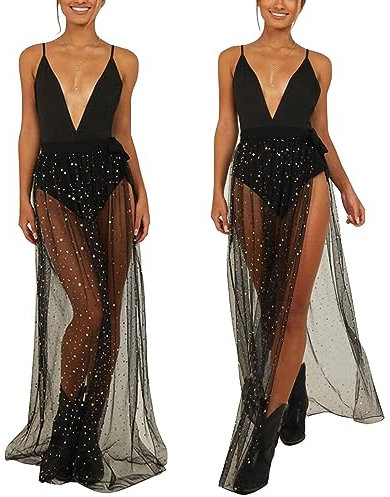 Glitzer Rock Damen Lang Durchsichtig, Mesh Rock Festival, Schwarzer Langer Tüllrock S, Netzrock Strand, Bikini Cover Up, Maxirock mit Schlitz für Sommer Party Halloween Weihnachten