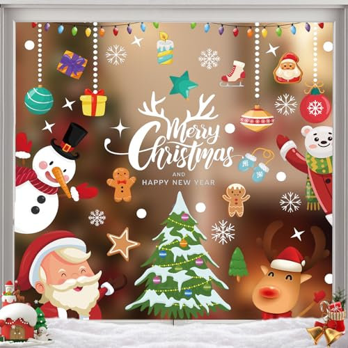 Fensterbilder Weihnachten,9 Blatt Fensterdeko Weihnachten,Schneeflocken Weihnachten Fensterdeko,Wiederverwendbar PVC Selbstklebend Rentier Weihnachtsmann Aufkleber für Glas Fensterdeko
