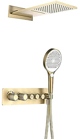 Duschsystem Thermostatisches Duscharmatur-Set Verdecktes Brause-Kombinationsset Aus Gebürstetem Gold Mit 3-Funktions-Handbrause Und 2-Modus-Regenduschkopf-Wanne Und Duschverkleidungs-Set