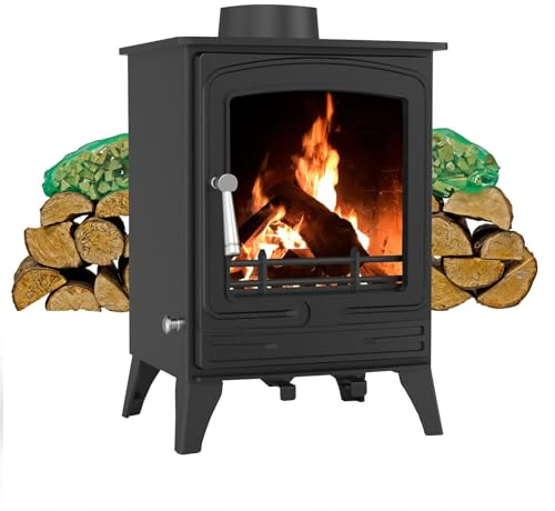 RoyalFire 5kW Steel Eco DEFRA Approved Multifuel Stove with Firewood Starter Kit - High Heat Output Wood & Charcoal Burning Freestanding Fireplace, Energy Efficient Home Heater Home Heating Set