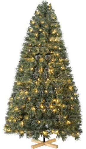 Albero di Natale Artificiale 210 cm, Albero di Natale Luxury Realistico, Folto, Aghi di Pino Pretrattati Realistici, con Supporto in Legno Fatto a Mano, 300 Luci Bianche Calde, 600 Punte, Ignifugo
