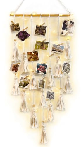 ANROYE Macrame Hanging Photo Display, Picture Holder with 30 Clips for Bedroom Wall, Polaroid Boho Gallery Hangers for Collage Dorm with LED Light String, Gifts for 10 11 12 13 14 Year Old Teen Girl