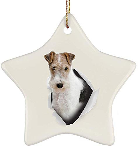 Christbaumschmuck Mit Hanfseil Weihnachtsbaum Deko Keramik Weihnachten Ornamente Lustiger Drahthaar-Foxterrier, Weiß, Rehbraun, Blau, Der Aus Einer Rissigen Wand Kommt