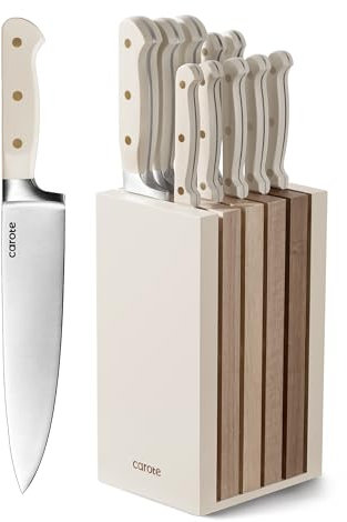 CAROTE 11 Pièces Couteau Cuisine Professionnels en Acier Inoxydable, avec Bloc Couteaux en Bois, Compris Couteaux à Steak, Couteau de Chef, etc