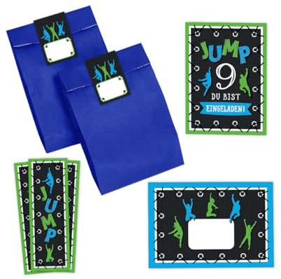Minkocards 12 Einladungskarten zum 9. Kindergeburtstag Junge Mädchen Jump Trampolin Einladungen neunte Geburtstag incl. 12 Umschläge, 12 Partytüten/blau, 12 Aufkleber, 12 Lesezeichen