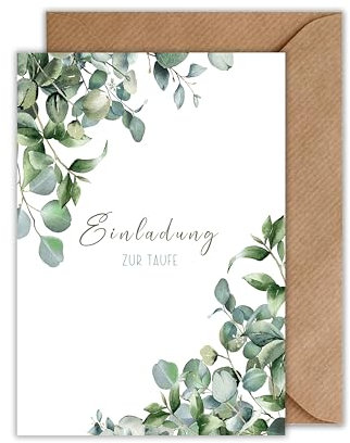 WBdesignz 10x Einladung zur Taufe Karte mit Umschlag - Einladungskarten Taufe Eukalyptus (DIN A6)