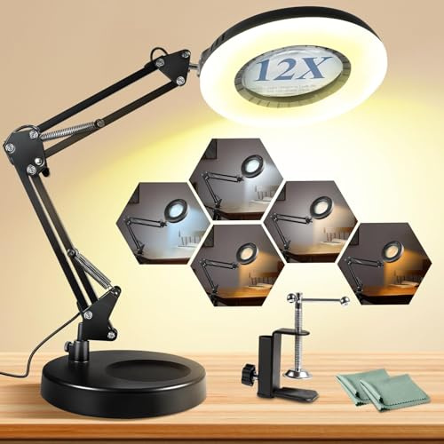 12X Magnifying Glass with Light and Stand, 144 LEDs Brightest Desktop Magnifying Lamp, 10 Dimmable Brightness 5 Color Modes, Hands Free Metal Swing Arm Desk Lamp for Craft Reading Painting (black)