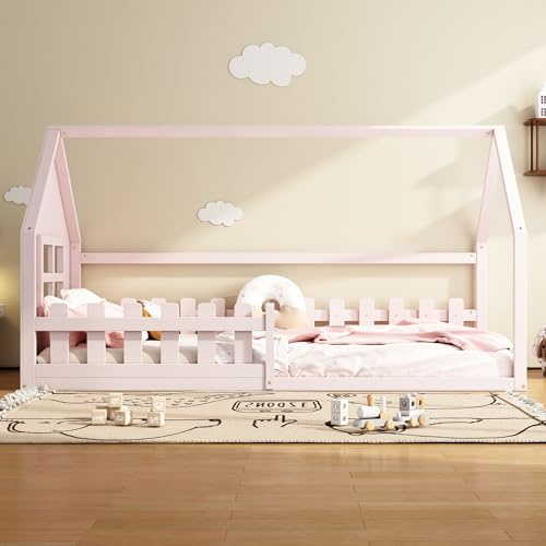 Idemon Flachbetten, Kinderbetten, Hausmodelle, mit Fallschutz und stabilen Lattenrosten, ohne Matratzen, 90 * 200 cm (Rosa)