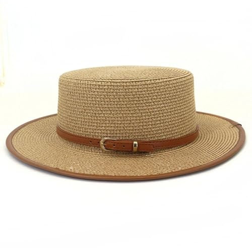 FULUJIDI Fedora Trilby Filzhut Hut Strohhut Für Frauen Mit Flachem Brim Hut Breite Krempe Fedora Hut Mit Großem Brim Sonnenschutz Solid Casual Hut 56 To58 cm Khaki