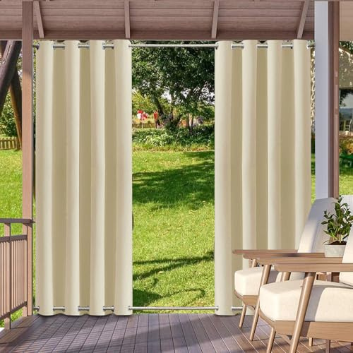 Hiseng Outdoor Vorhang mit Ösen Oben und Unten, Outdoorvorhänge wasserdichte Wetterfest Blickdicht Verdunkelungsvorhang 1 Stück Sichtschutz Sonnenschutz Vorhang für Garten (254x243cm,Beige)