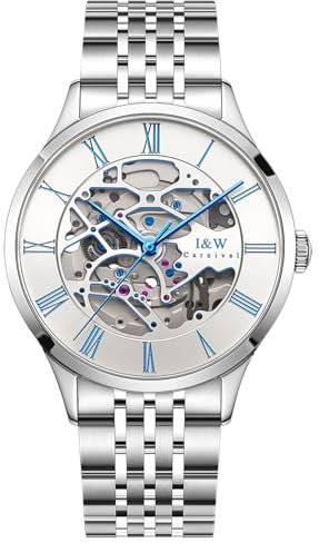 TEINTOP I&W Automatik Uhr Herren Mechanische Skelett Uhren Japanische Bewegung Armbanduhren (Blau Skalenmarke)