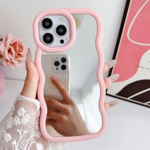 Tybiky Kompatibel mit iPhone 15 Pro Curly Wave Mirror Handyhülle Niedliche Lockige Wellen Rahmenform Spiegel Makeup Hülle Weiche Stoßfest Silikon Schutzhülle für Lovely Style Frauen Mädchen,Rosa