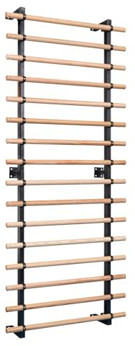 Sport-Thieme Sprossenwand XS | Eingekerbte Sprossen für Fitnessbänder, Seile | 8 oder 16 Sprossen, Einzelfeld | Holz-Natur Schwarz | 225x92x20 cm, Belastbar bis 120 kg, Esche-Stahl