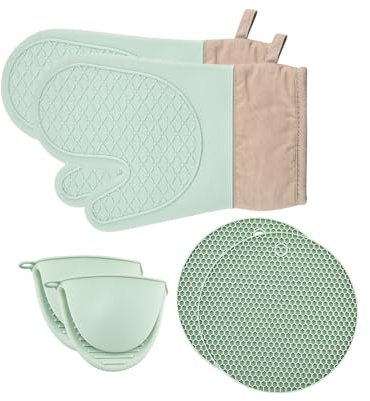 Oven Mitts and Pot Holder Set 6pcs, Silicone Oven Gloves with Silicone Trivet Mats and Mini Oven Gloves, Multipurpose Heat and Slip Resistant BBQ Gloves for Kitchen Cooking or Baking, Green
