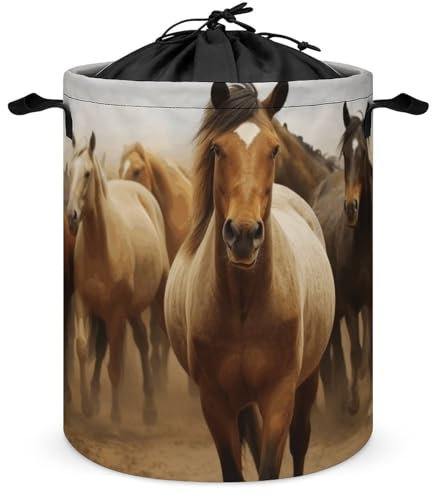 Wäschekorb, viele Pferde bedruckt, faltbar, tragbar, Wäschesack mit Kordelzug, ideal für Camping und Organisation zu Hause