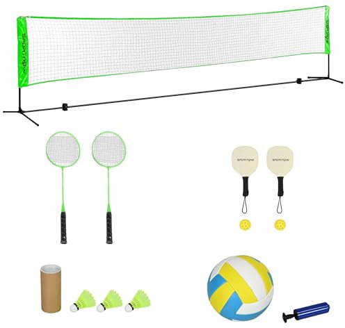 SPORTNOW Badminton Set, Badmintonnetz mit Ständer, Federbällen, 4 Schlägern, verstellbar Volleyballnetz, mit Tragetasche, für Indoor, Outdoor