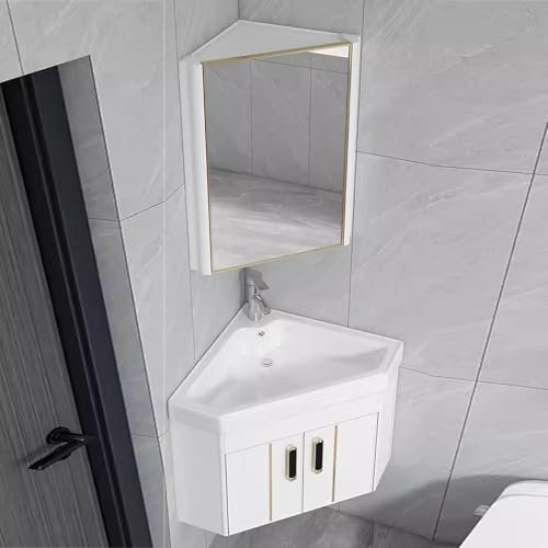 Mueble BañO con Lavabo, Tocador de BañO con Lavabo de CeráMica, Lavabos Esquineros Y Gabinete con Espejo, Lavabo de BañO Combinado con Grifo Y Drenaje for Espacios PequeñOs(White,38 * 38 * 42 cm)