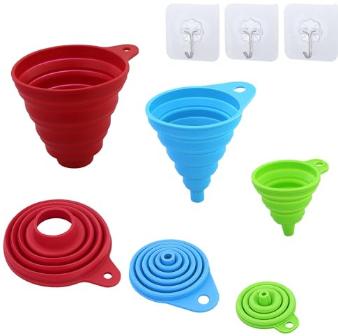 AMANDELIZABE Juego de 3 embudos de silicona, embudo portátil, embudo plegable para transferencia de líquidos en la cocina (pequeño/medio/grande) con 3 ganchos