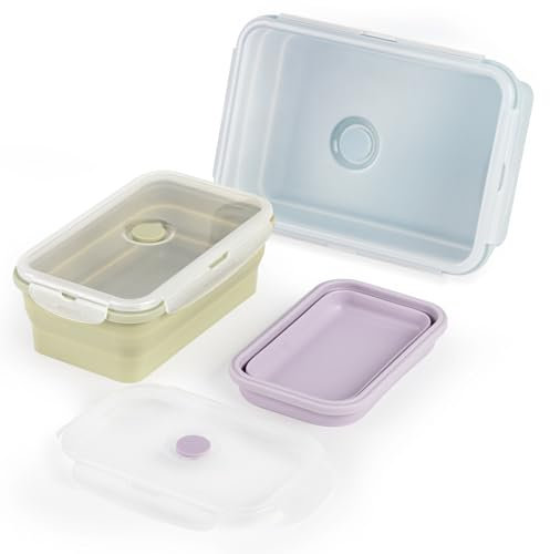 CUISITOOL Faltbare Brotzeitbox, Auslaufsichere Bento Lunchbox Brotdose aus Silikon Faltbare Lunchbox Lebensmittel 2000 ML/1200ML/800ML, 3 Stück, für Camping Picknick Büro Küche