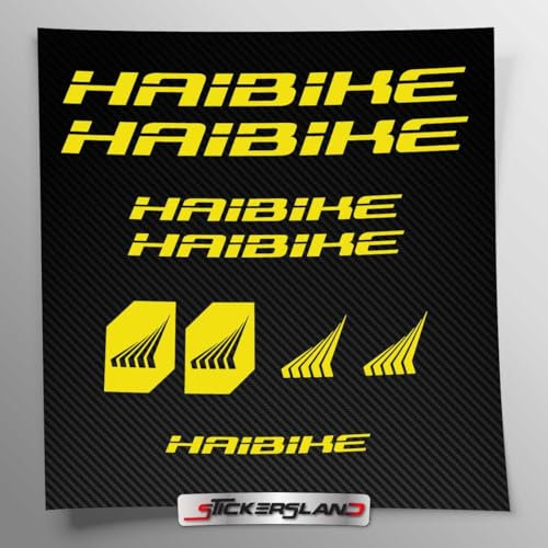 Aufkleber-Set kompatibel mit Rahmen MTB Mountainbike und Helm | Decals Aufkleber für Fahrrad Schriftzug Logos | Stickersland® – Haibik (glänzend gelb)