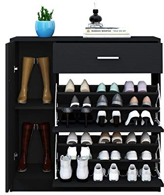 Komtopod Shoe Storage Cabinet with 1 Door 1 Drawer 2 Flip Doors Pull Down Shoe Rack Organizer Stand Unit Wooden Cupboard 84 x 30 x 91cm (Black)