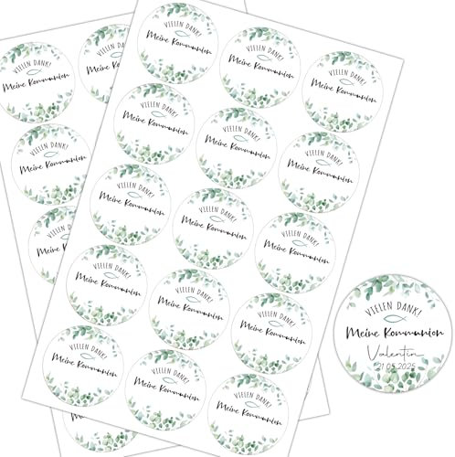 BOFUNX 30 Stücke Aufkleber zur Kommunion Selbstklebende Sticker Etiketten für Kommunion Danke Geschenk - Meine Kommunion Aufkleber Eukalyptusblätter Motive
