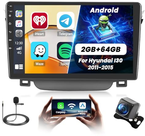 Fuluku 2+64G Android Radio para Hyundai I30 2011-2015 Wireless Carpaly&Android Auto, 9'' Touchscreen Radio Coche Bluetooth/GPS/Cámara de Marcha Atrás/FM/WiFi/SWC/26UI