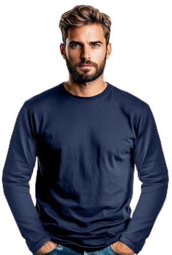 Men’s 100% Soft Organic Cotton Navy Blue Long Sleeve T-Shirt Crew Neck Casual Training Hiking Workout Athletic Tee (Navy, M)