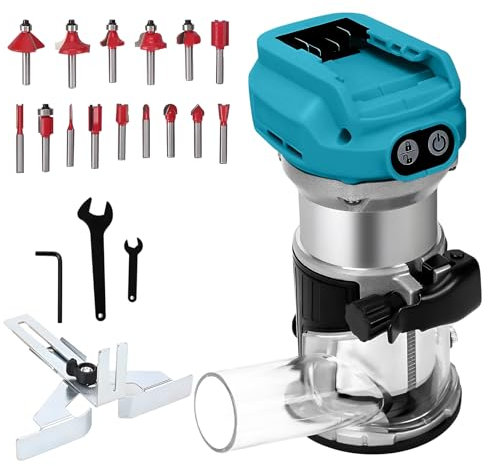 Router elettrico senza fili compatibile con batteria Makita 18V/20V, taglierina senza spazzole con 6 velocità 800 W 30000 giri/min router per legno con punte per fresa, guida bordo e rullo, cappuccio