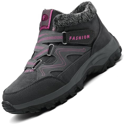 Unitysow Chaussures D'hiver Hommes Femme Bottes de Neige Fourrure Doublé Chaud Bottines Bottes D'hiver Antidérapantes Outdoor Bottine de Randonnée Chaussure de Marche Baskets Gris/Rose Rouge 41