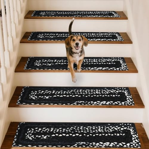 CASAVANI Kelim Stufenmatten – 21,6 x 71,1 cm, schwarz-weiß, Chindi-Baumwoll-Jute-Teppiche, Flachgewebe, gewebte Teppichstreifen, dick 0,7 cm, Set für 20 Stück