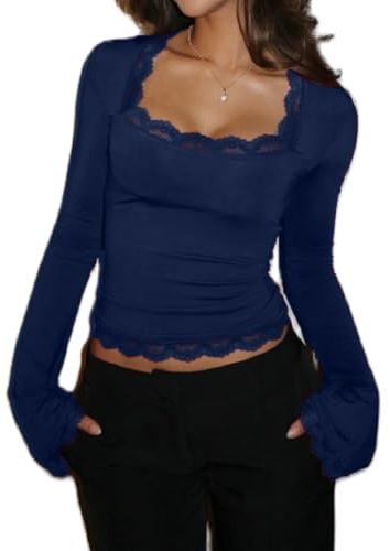 NJWTSDTZ Women Bell Long Sleeve Shirt Tops Y2k Square Neck Lace Trim Crop Shirts Trendy Slim Fit Fall Going Out Blouse