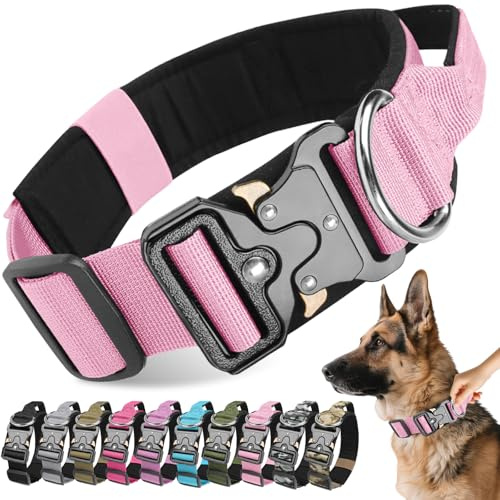 Viugex Collier de Chien Tactique, Militaire Collier Réglable Chien Rembourré, Collier pour Chien Durable avec Boucle en Métal, Idéal pour Petits, Moyens et Grands Chiens (Rose, L)