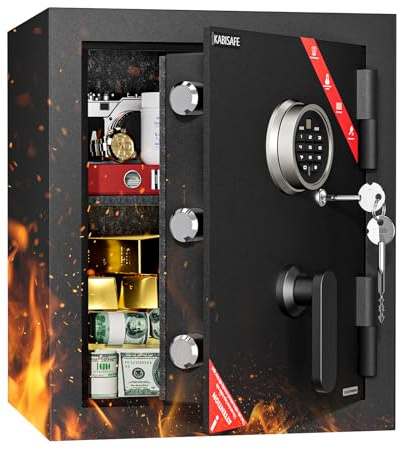 KABISAFE Feuersicherer Tresor 79,8L, Schwarzer Wellenstahl-Safe mit 1 Herausnehmbaren Einlegeboden, Fingerabdruck (20 Nutzer), Digitalem Zahlencode, Notschlüssel für Bargeld, Schmuck, Dokumente