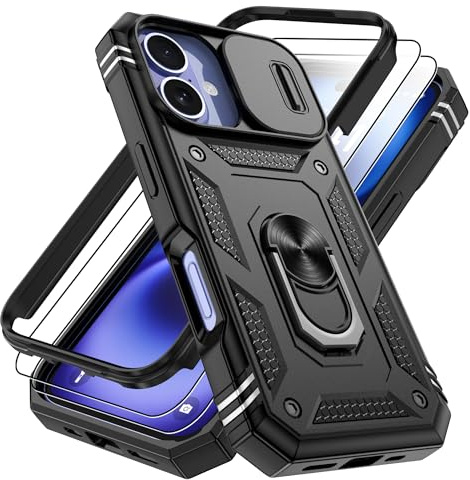 Pilaru 3 in 1 for iPhone 16 Case with Front Frame |2 Separate Screen Protector| Kickstand Ring & Camera Cover Military Grade Drop Shockproof Protection Phone Cover for iPhone 16,Black