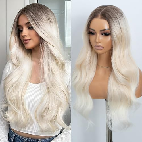 STYLE ICON Blonde weiße lange gewellte synthetisch Perücke für Frauen, 26 Zoll, vorgeschnittener Mittelscheitel, Spitzenband mit dunklen Haarwurzeln (NAT10A/613FA/1001C)